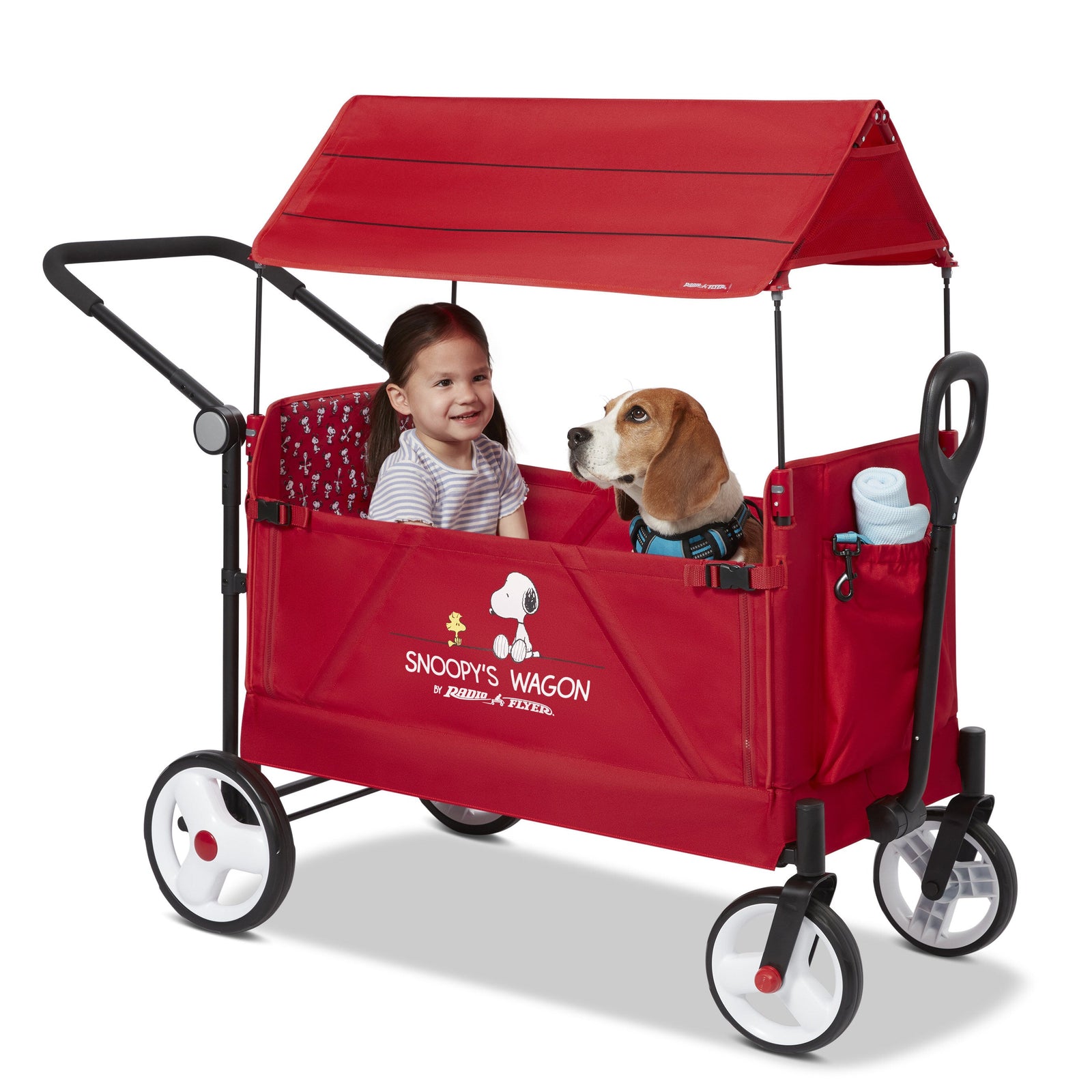 child and dog sitting in dog wagon