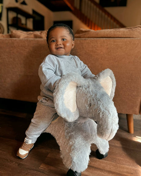 toddler on a ride on toy that is an elephant