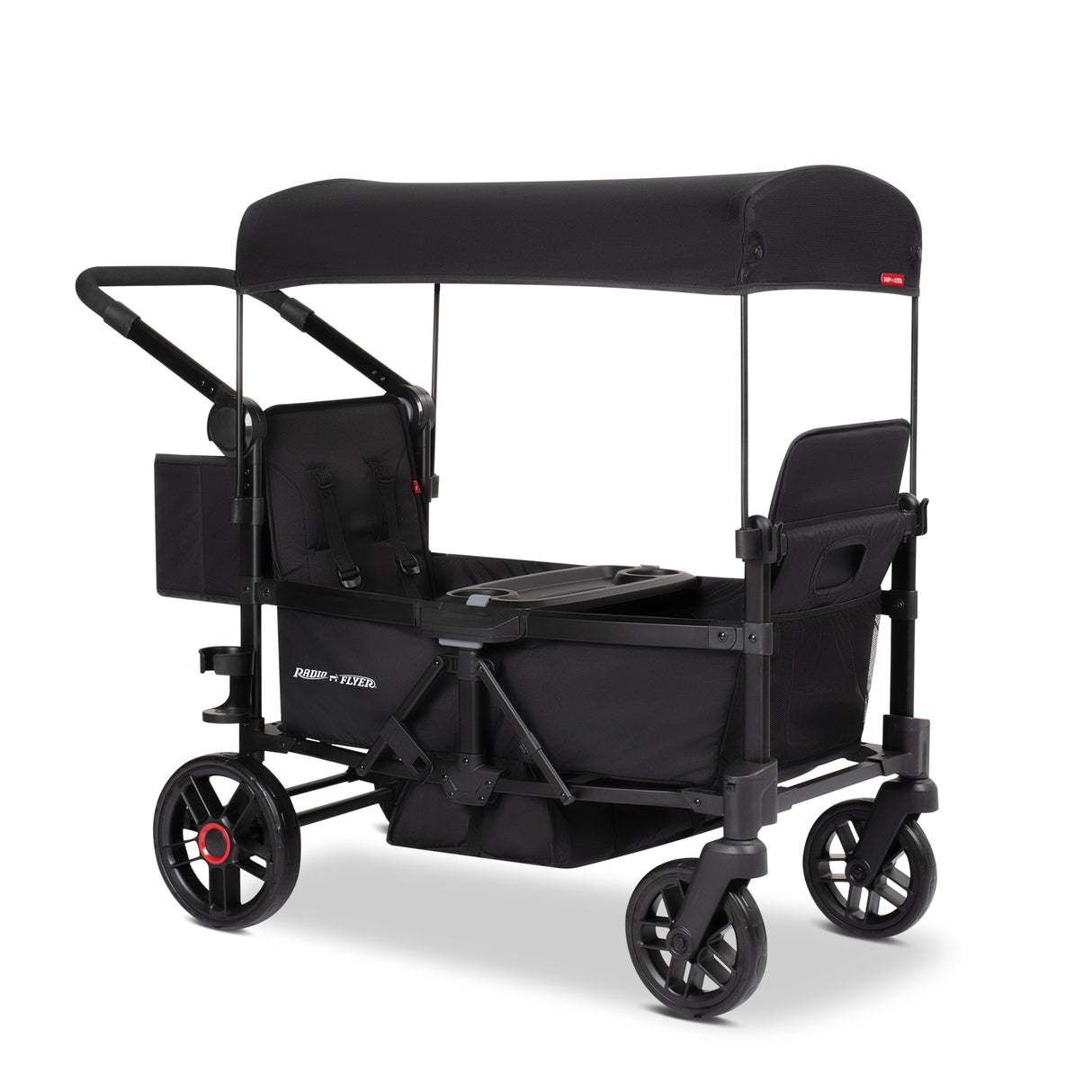 Black two kid stroller wagon with a canopy and rear storage bag on a white background