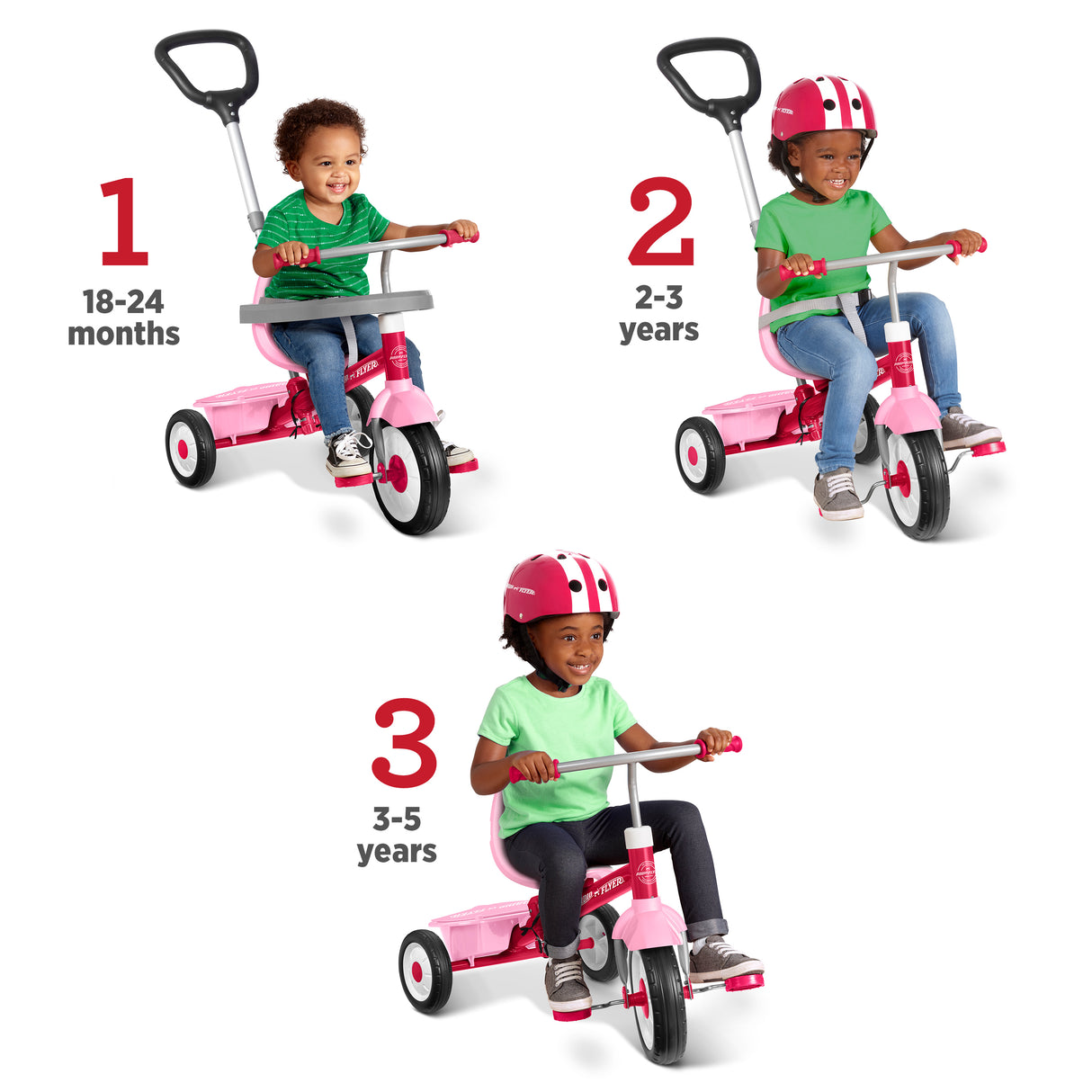 Three children wearing helmets are shown riding a pink three-wheel tricycle at three age stages: 18-24 months, 2-3 years, and 3-5 years. The tricycle has a pink frame and black wheels with white accents.
