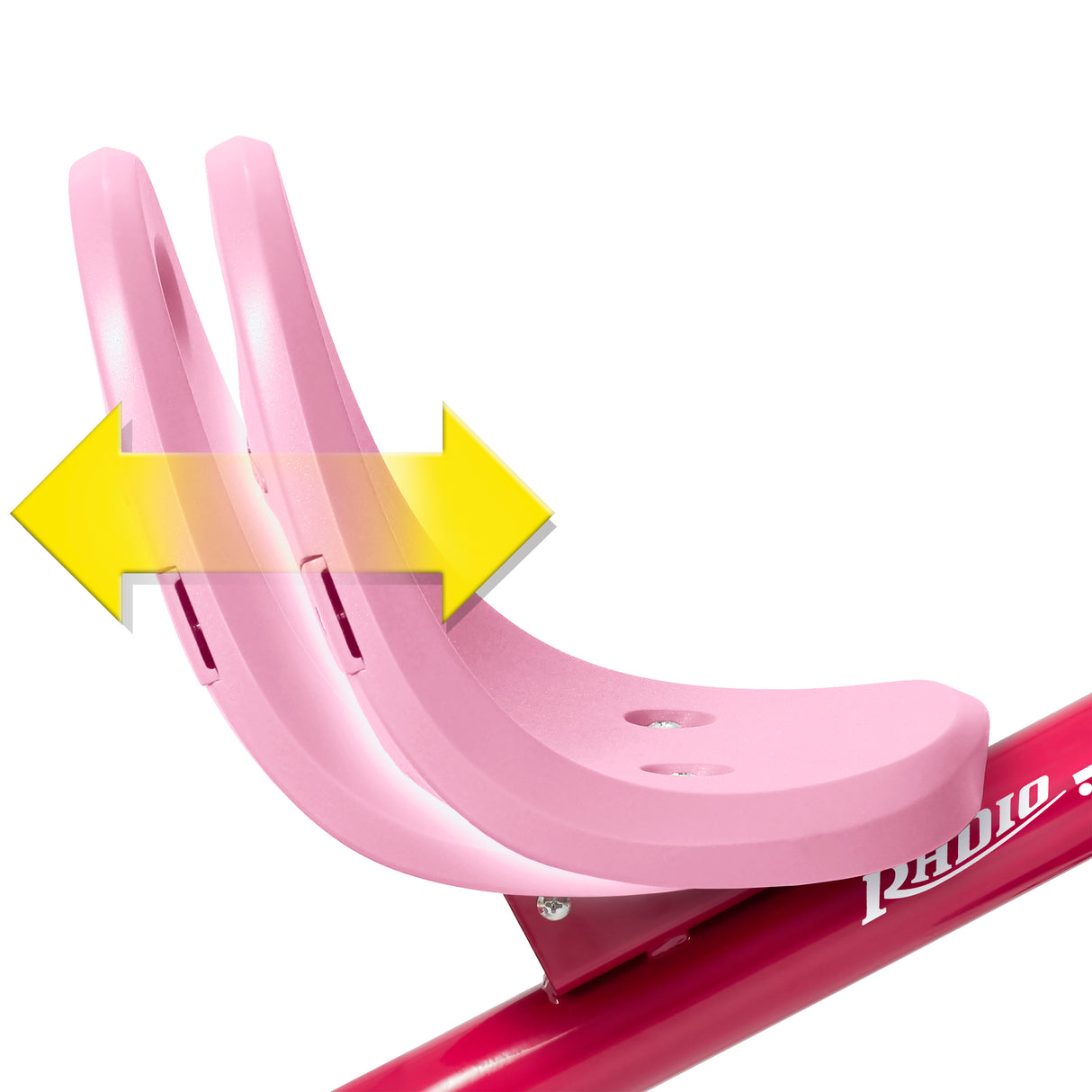 Close-up of a pink bicycle seat with a yellow arrow pointing to it indicating it's adjustable on a white background.