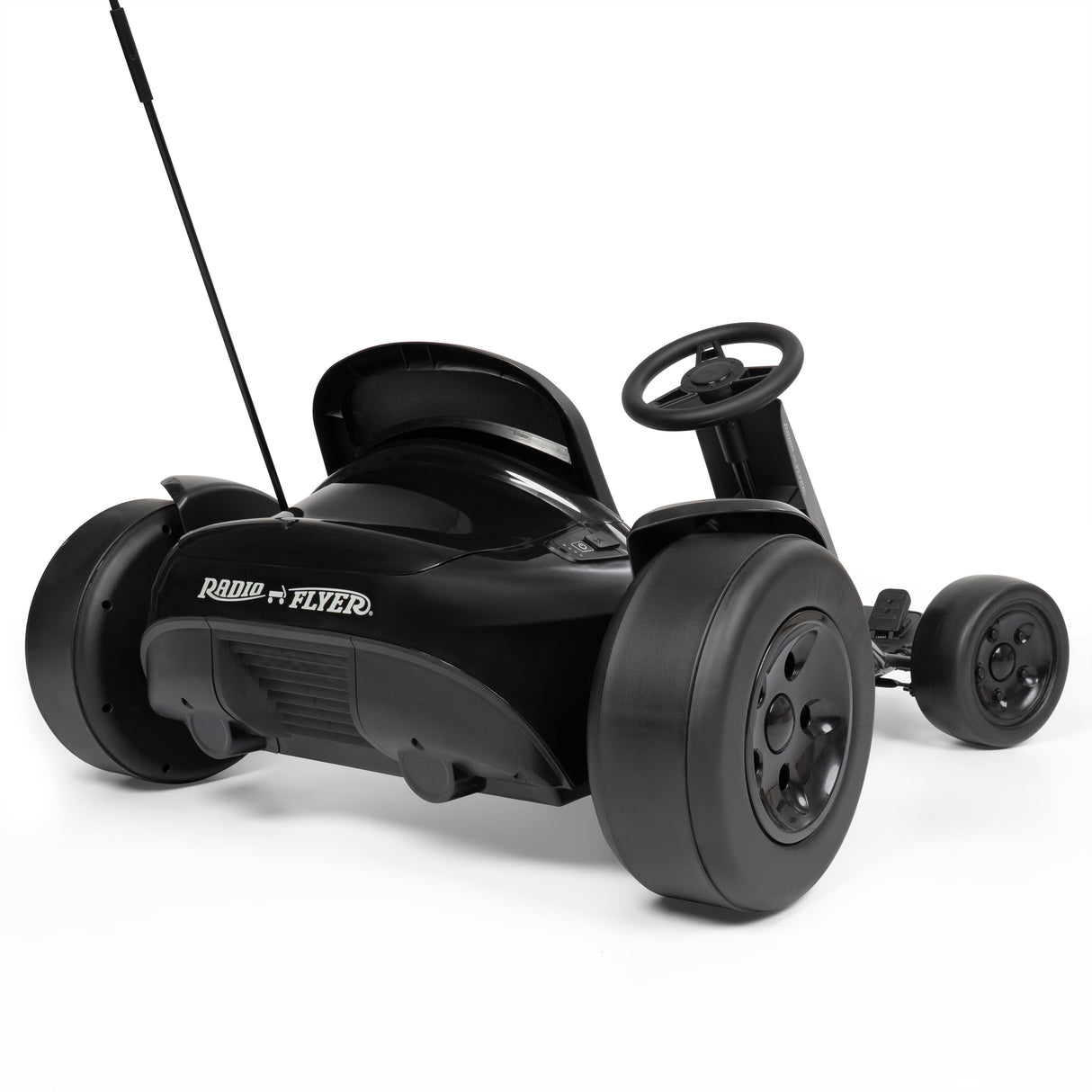 Rear view of a black go kart