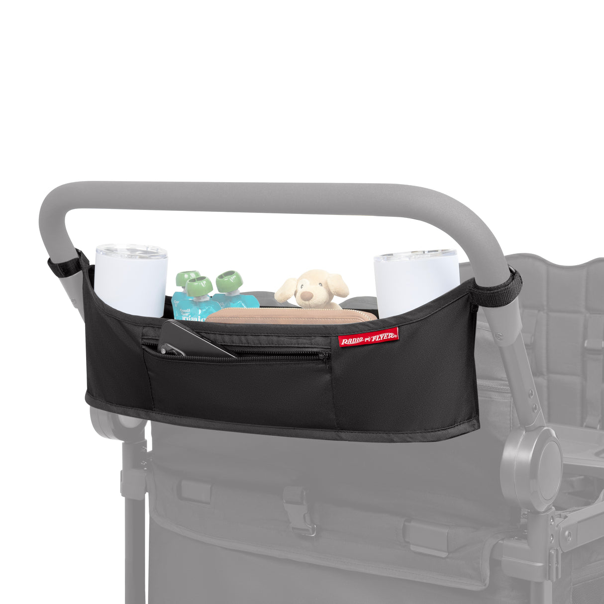 Stroller organizer with cup holders and toys on a white background