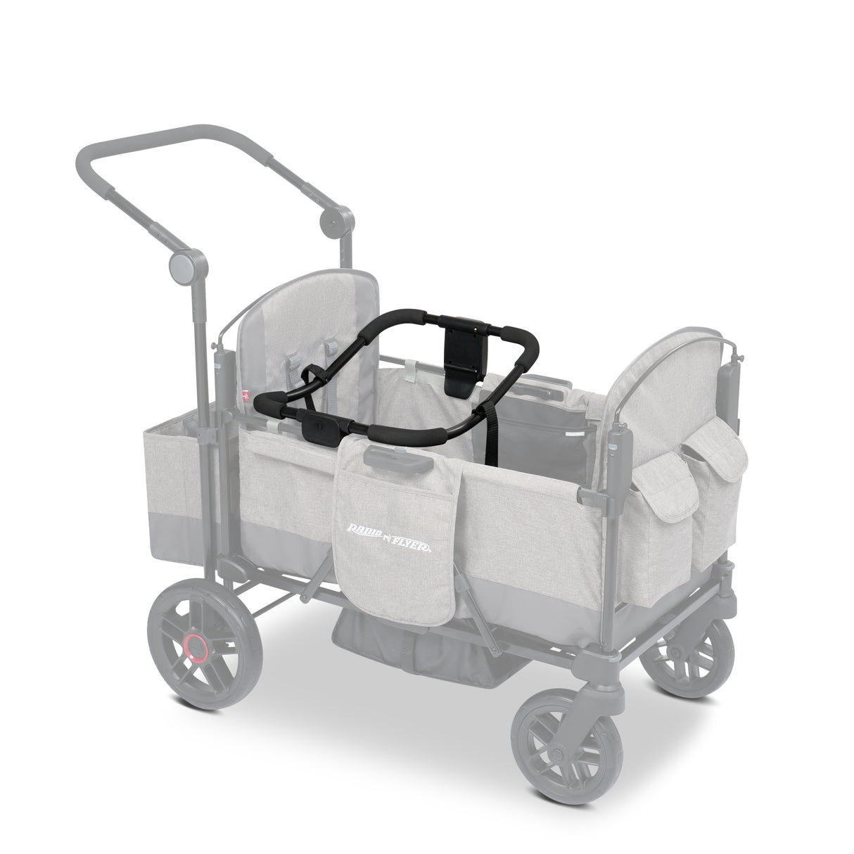 Gray stroller wagon with a car seat adapter resting on the side walls of the wagon