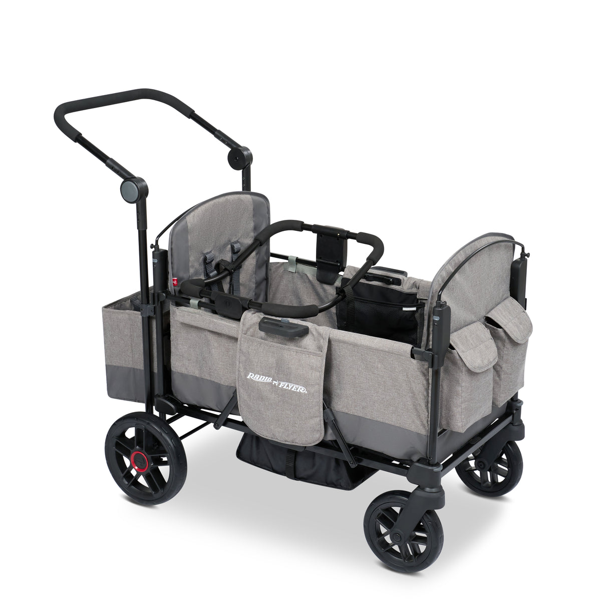 Gray stroller wagon with a car seat adapter resting on the side walls of the wagon