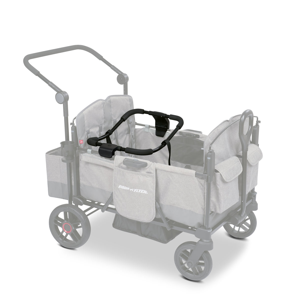 Gray stroller wagon with a car seat adapter resting on the side walls of the wagon