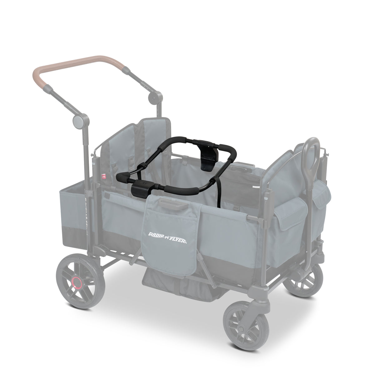 Blue stroller wagon with a car seat adapter resting on the side walls of the wagon