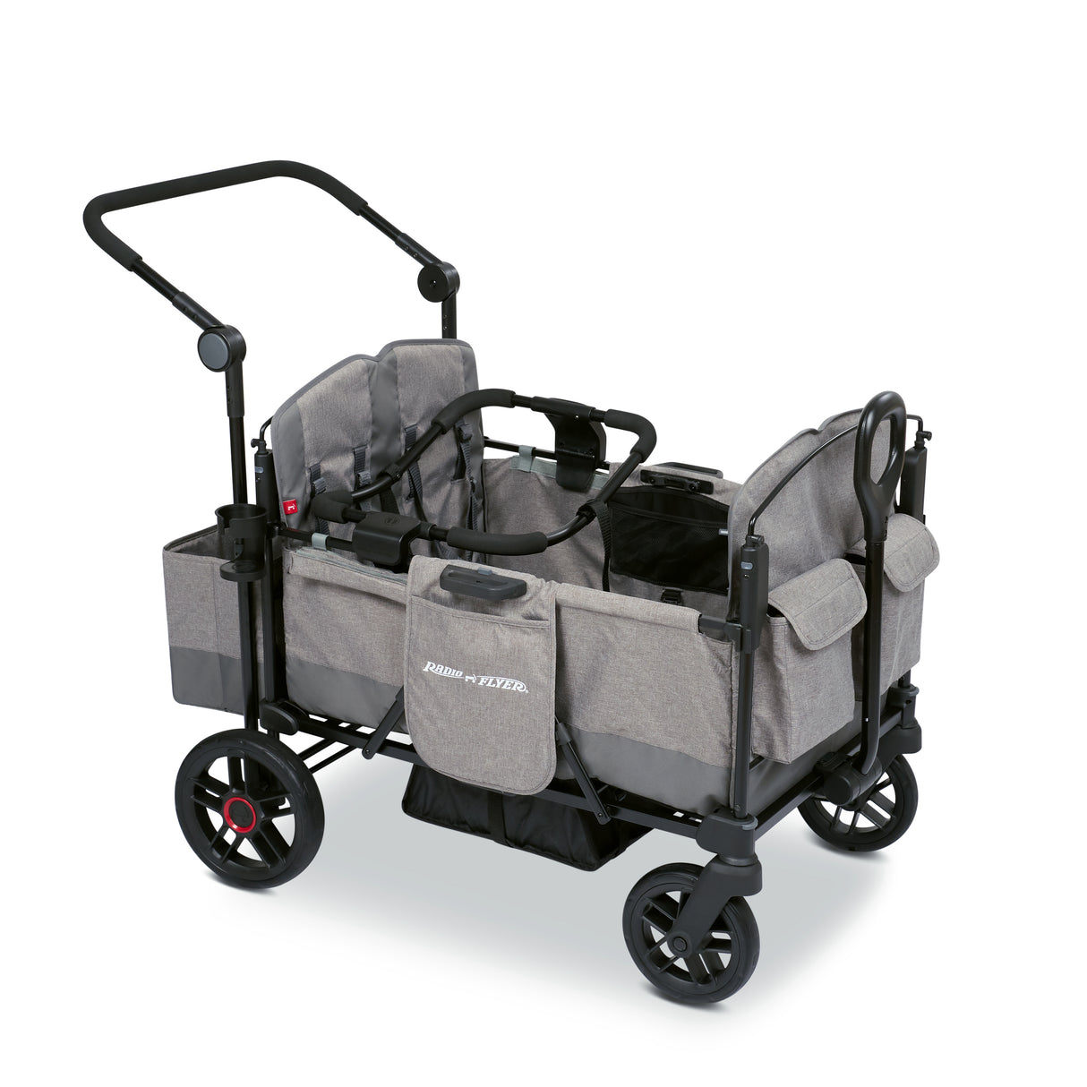Gray stroller wagon with a car seat adapter resting on the side walls of the wagon