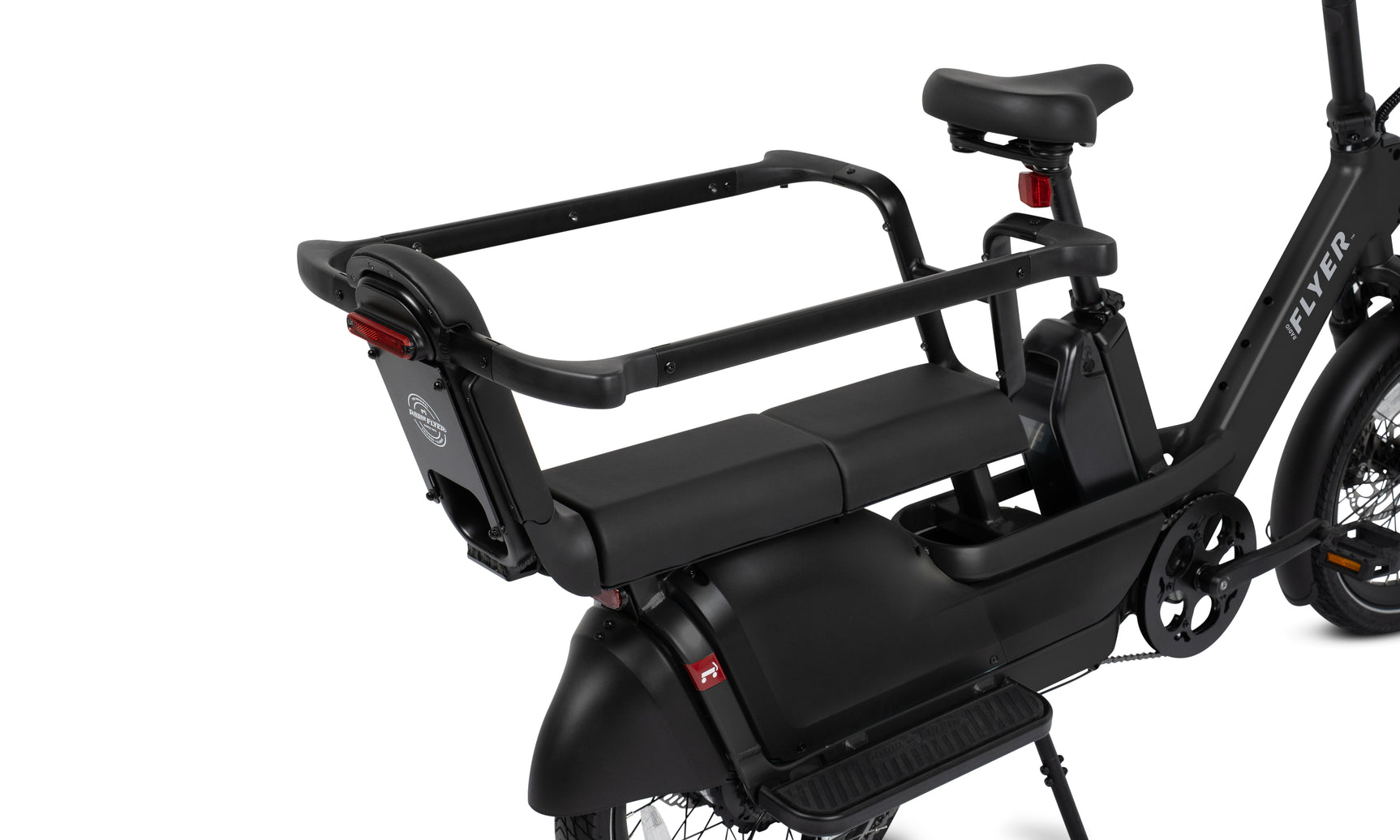 Black cargo bike with a rear child carrying hoop on a white background