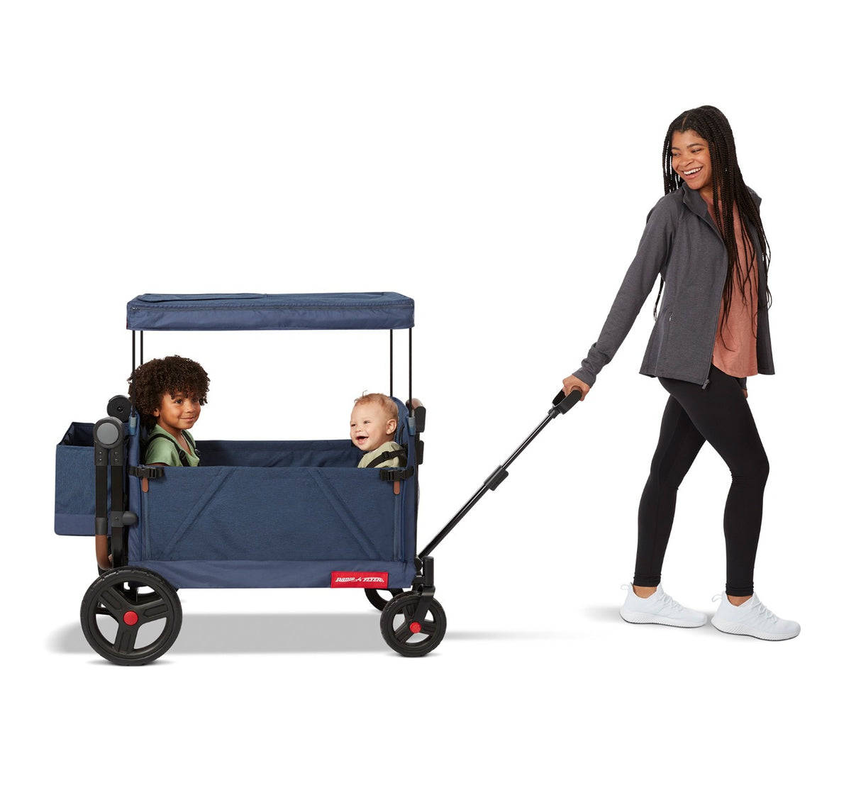 Woman pulling Boy & Girl riding Blue Atlas Stroll 'N Wagon™