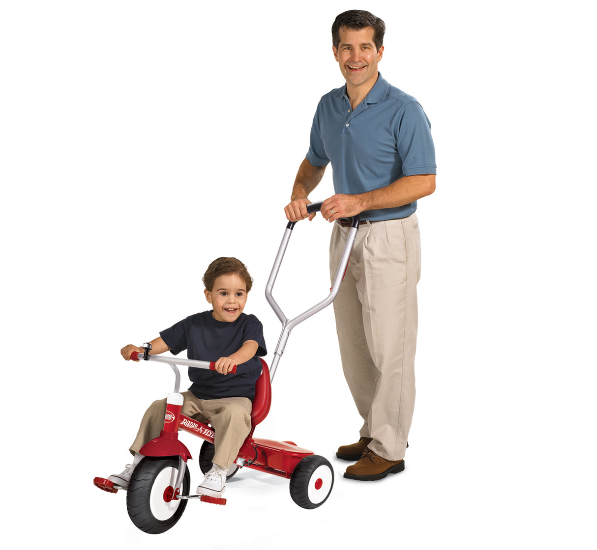 Man Pushing Boy Riding Deluxe Steer & Stroll® Trike