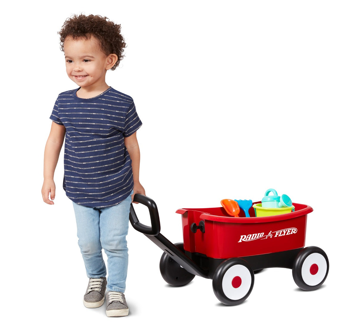 3/4 side view of red push and pull walker wagon with gardening tool set