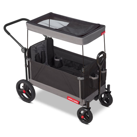 Black folding wagon featuring a canopy with a peek-a-boo window on a white background