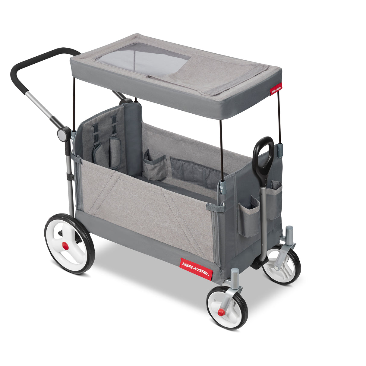 Gray wagon with canopy and storage compartments on a white background