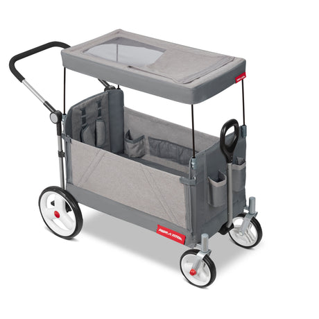 Gray wagon with canopy and storage compartments on a white background
