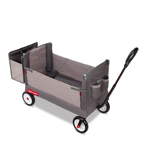 Gray folding wagon with a rear storage bag and pull handle on a white background