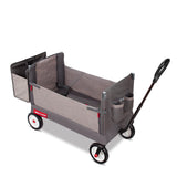 Gray folding wagon with a rear storage bag and pull handle on a white background