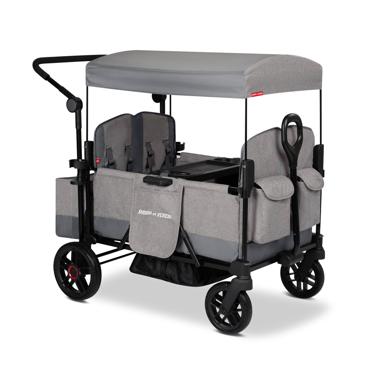 Gray four kid stroller wagon with a canopy and rear storage bag on a white background