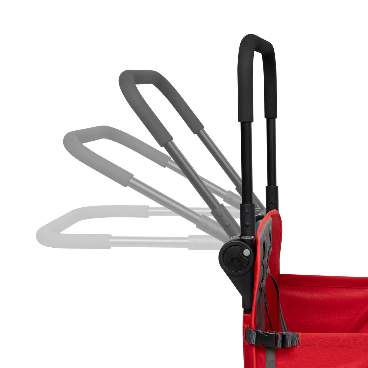 Close-up of the parent push handle on a red wagon shown in a faded overlay on a white background to indicate the adjustable angles