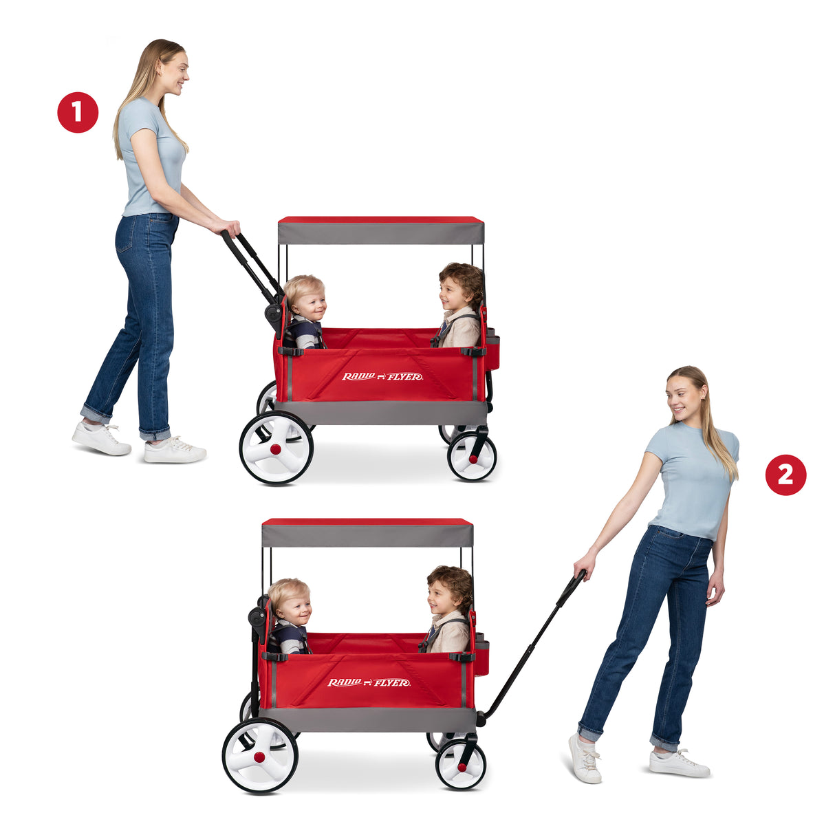 Two instructional views showing a woman using a red and gray Radio Flyer wagon with children inside, one pushing and one pulling, on a white background with numbered callouts 1 and 2.