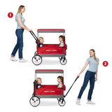 Two instructional views showing a woman using a red and gray Radio Flyer wagon with children inside, one pushing and one pulling, on a white background with numbered callouts 1 and 2.