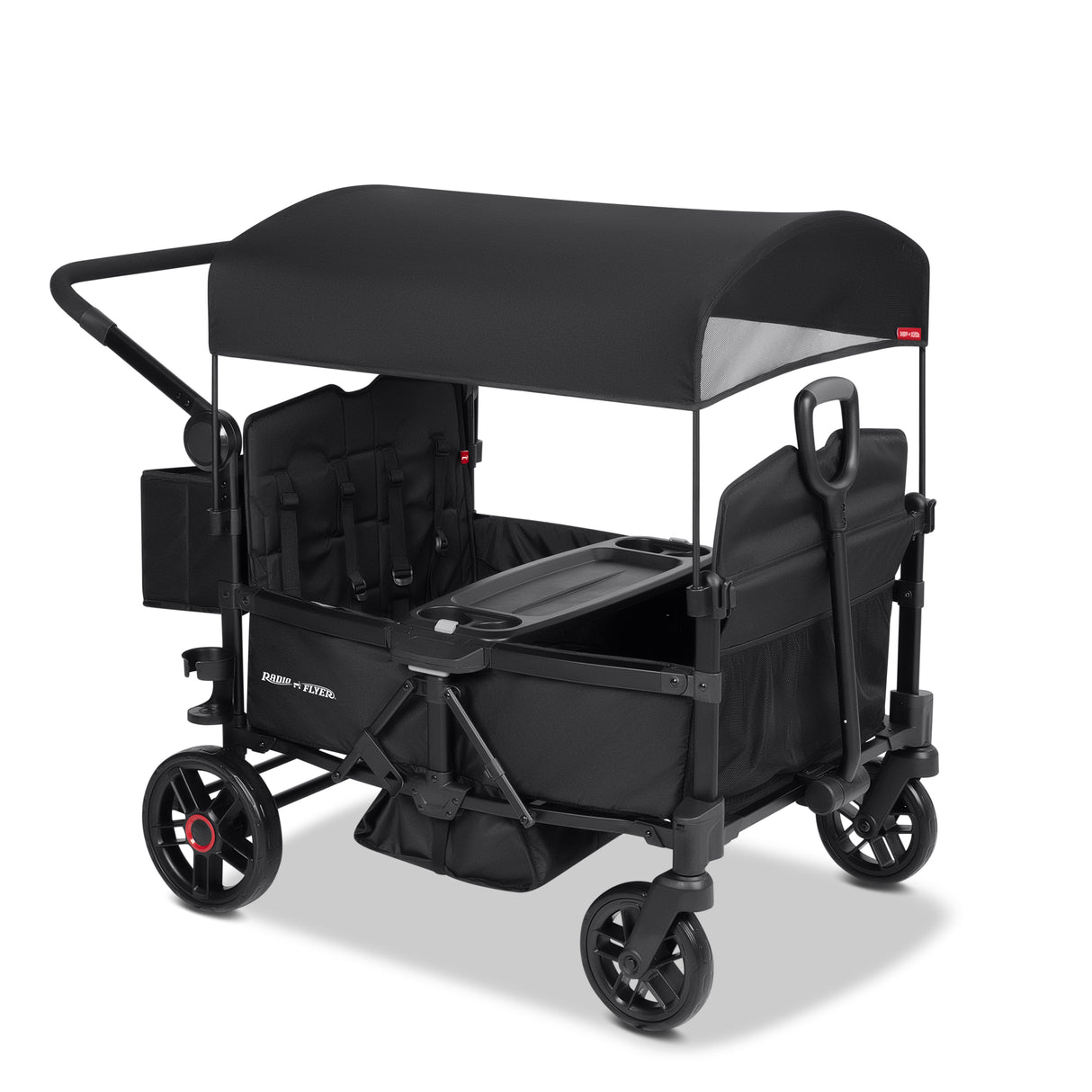 Black four kid stroller wagon with a canopy and rear storage bag on a white background