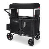 Black two kid stroller wagon with canopy and rear storage bag on a white background