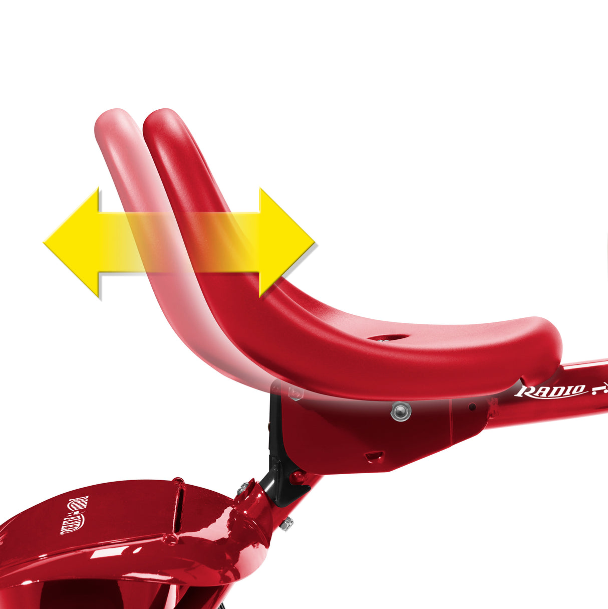 Red bicycle seat with a yellow arrow indicating the seat is adjustable on a white background