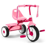 Pink tricycle with handlebars and seat on a white background