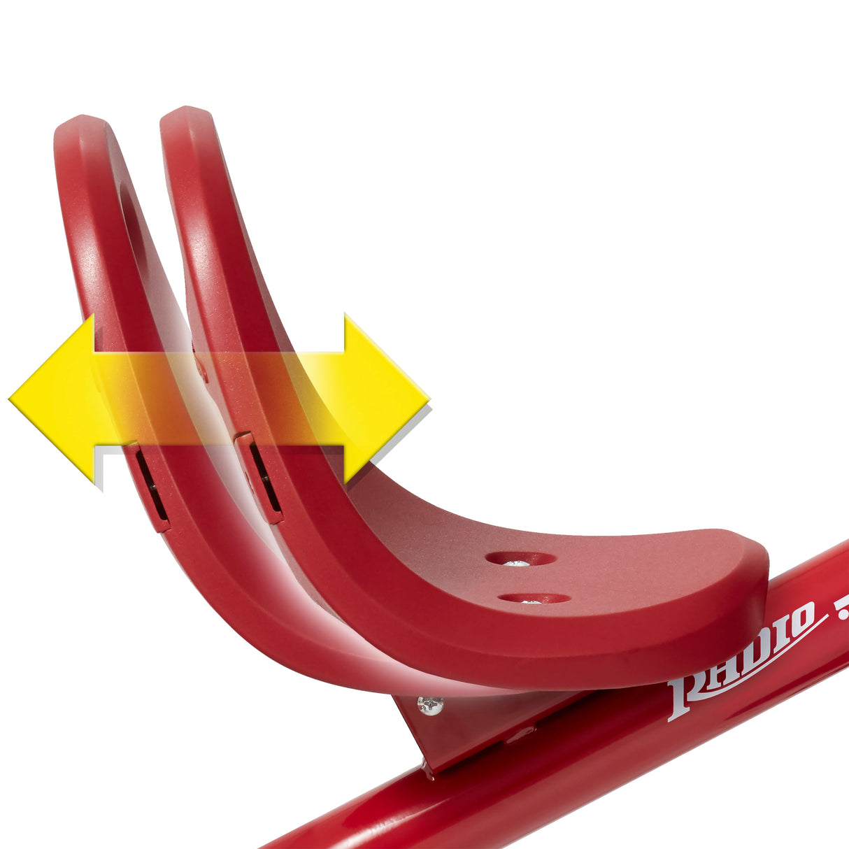 Close-up of the red tricycle seat with a yellow arrow graphic indicating the seat is adjustable
