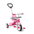 A pink and silver three-wheel tricycle with a push handlebar shown on a white background.