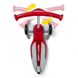 Top view of the scooter with the handlebar ghosted in both directions, indicating the ability to steer the scooter with the handlebar