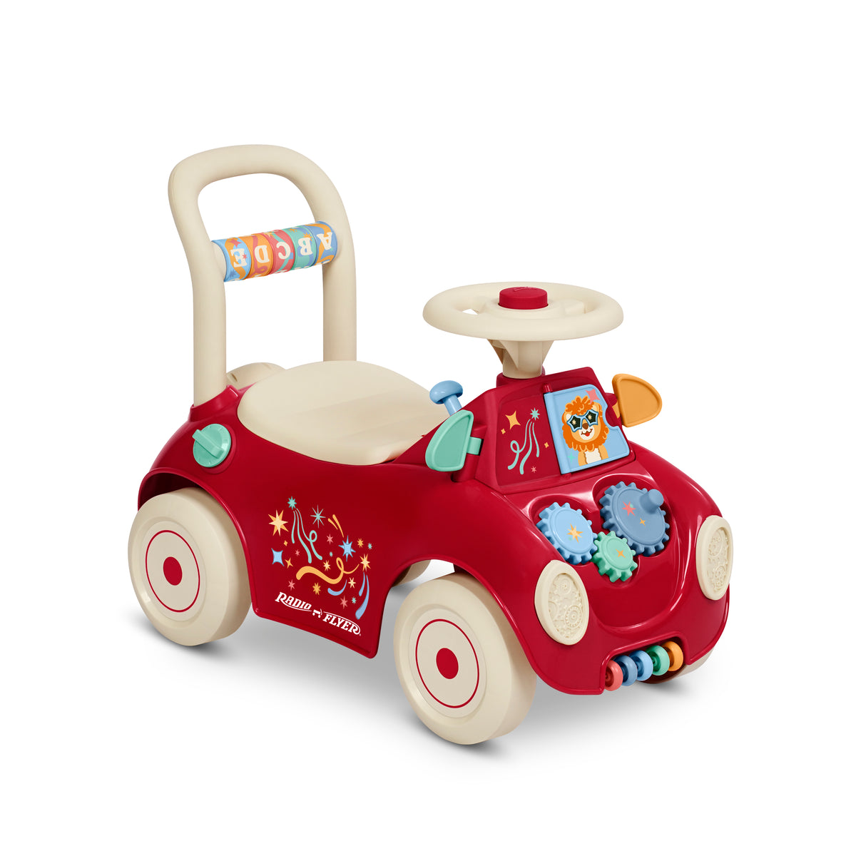 A red and cream push toy car with colorful accents, featuring a steering wheel, seat, push handle, and interactive gear details