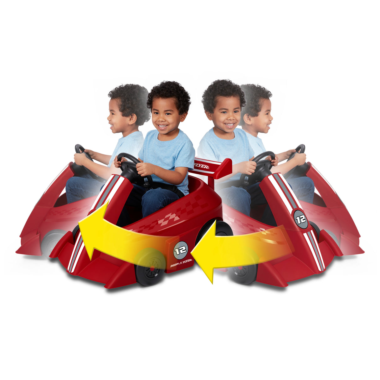 Child riding the Grow With Me Racer while turning the steering wheel to demonstrate the vehicle's 360-degree spinning capability