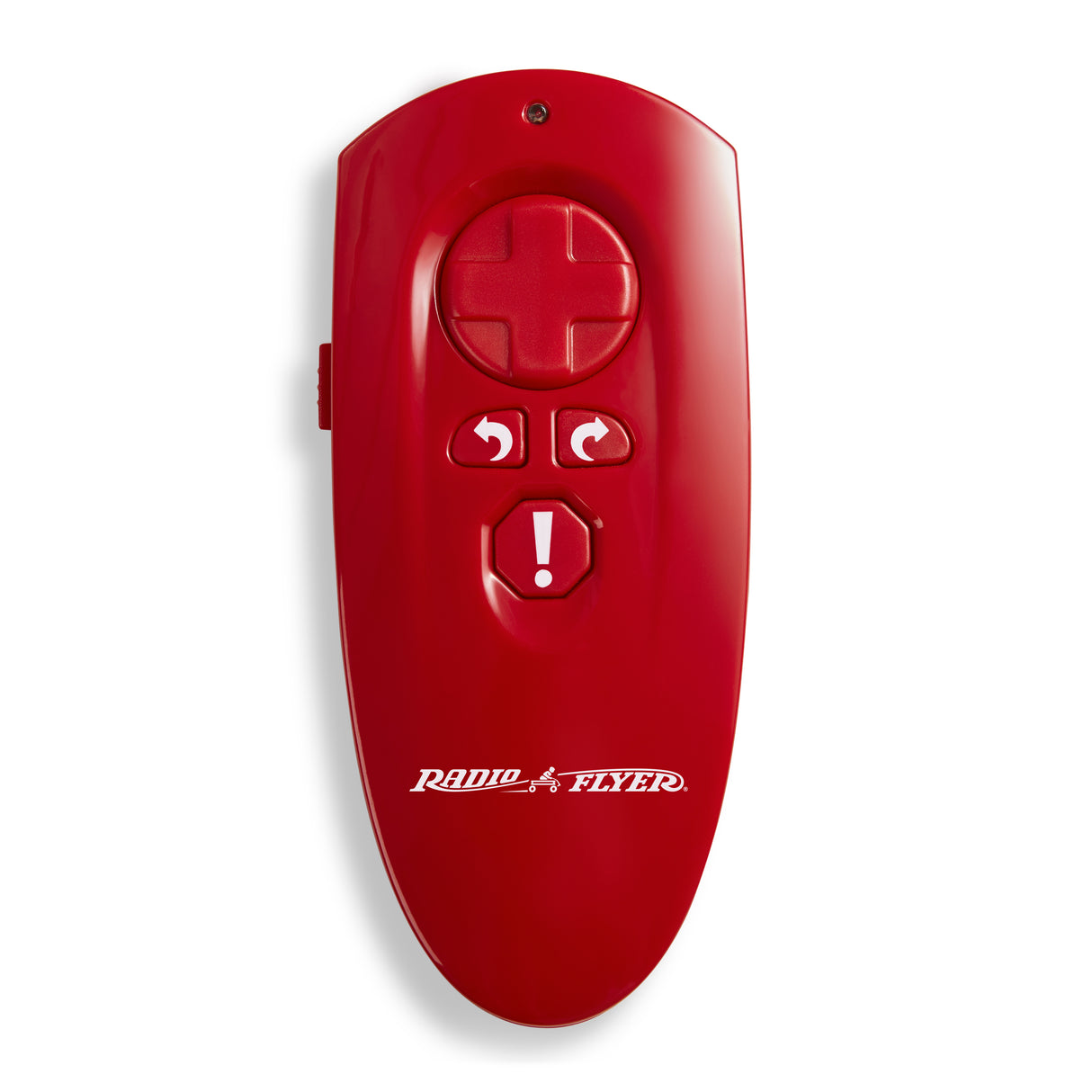 Included parent remote control with directional buttons and an emergency stop button shown on a white background