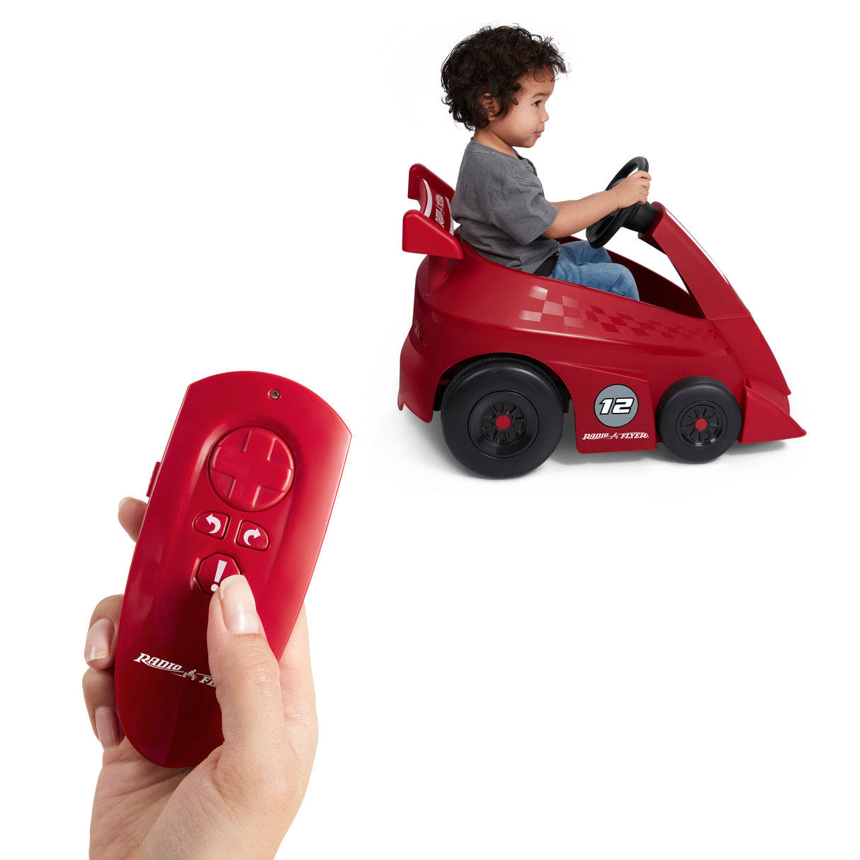 Adult using the included parent remote to guide a toddler riding the Grow With Me Racer while they learn to drive