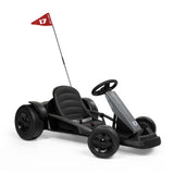 Black go kart with a red flag on a white background