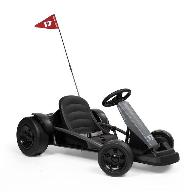 Black go kart with a red flag on a white background