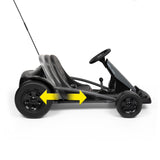 Black go kart with a yellow arrow indicating direction of the adjustable seat on a white background