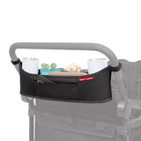 Stroller organizer with cup holders and toys on a white background