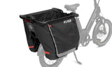 Black cargo hoop fabric liner on the back of a black electric bike on a white background