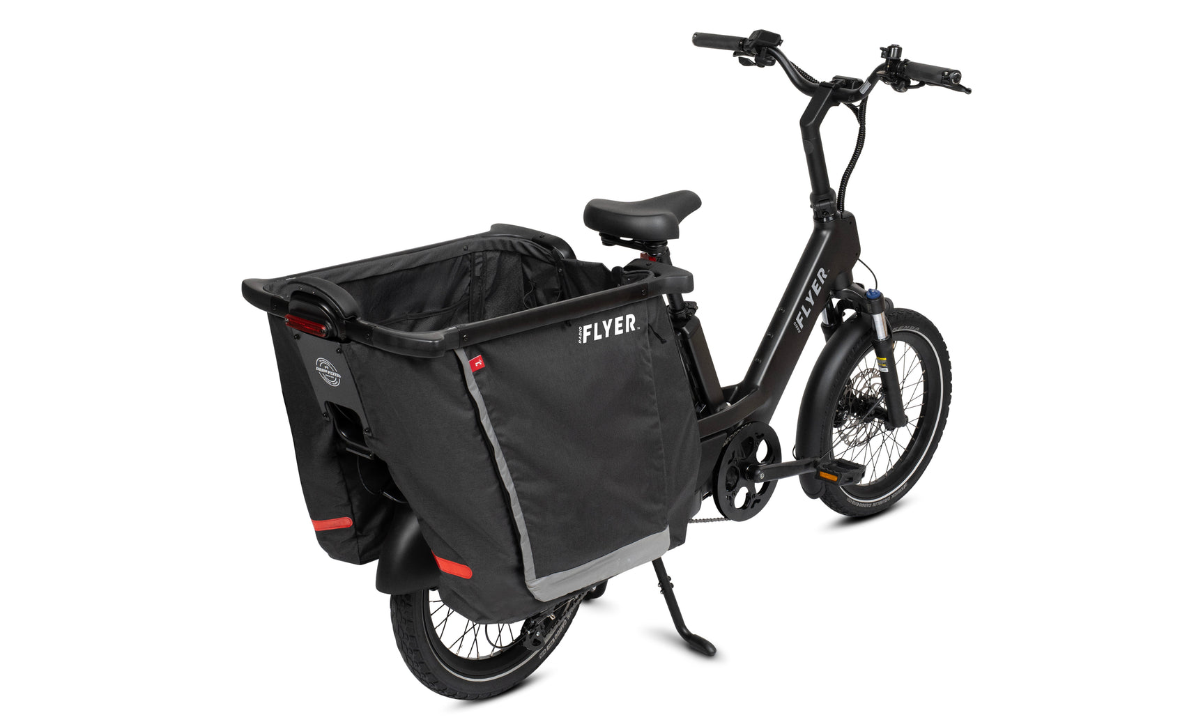 Black cargo hoop fabric liner on a black electric bike on a white background