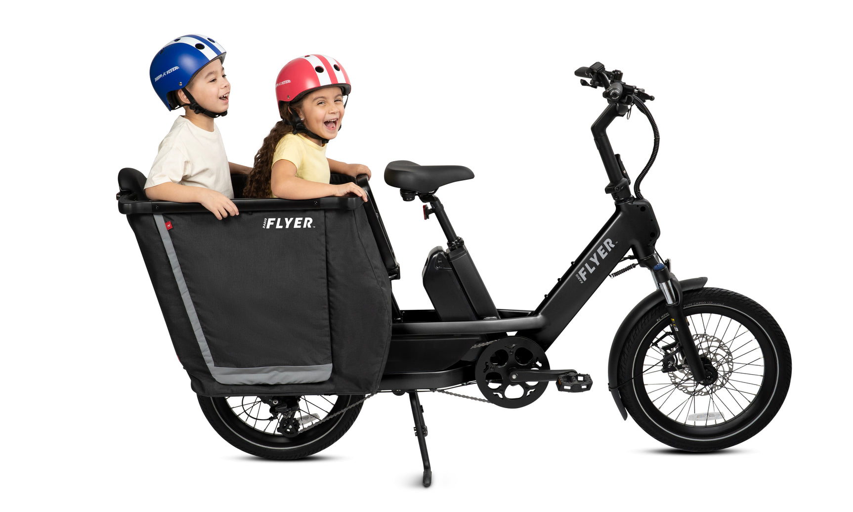 Two kids riding in the back of the cargo hoop fabric liner on a white background