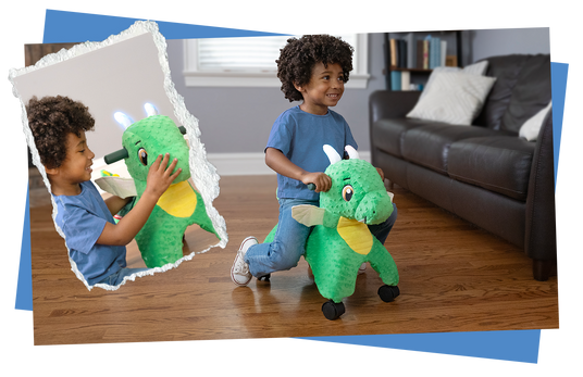 Child playing with a green dragon ride-on toy in a living room.