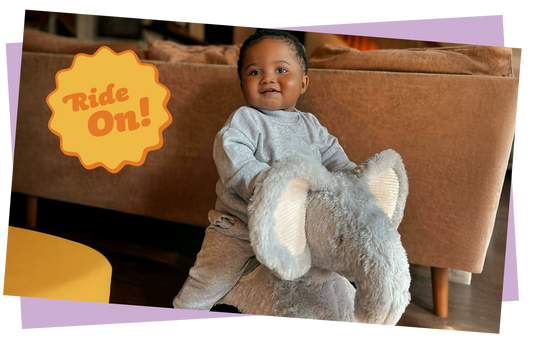 Child riding a plush elephant toy with a 'ride-on!' sticker overlayed.
