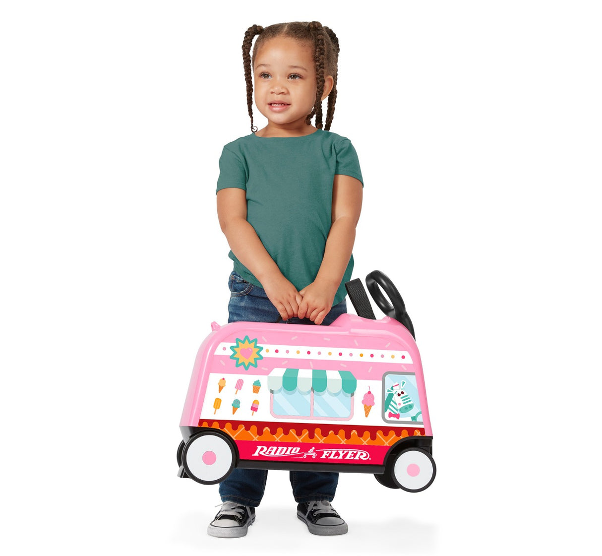 Girl carrying 3-in-1 Happy Trav'ler: Ice Cream Truck with handle