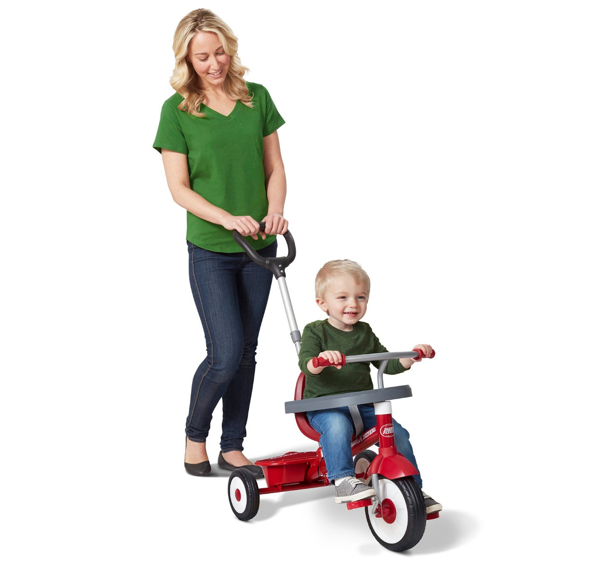 Woman pushing boy riding 3-in-1 Stroll 'N Trike® in steering trike mode