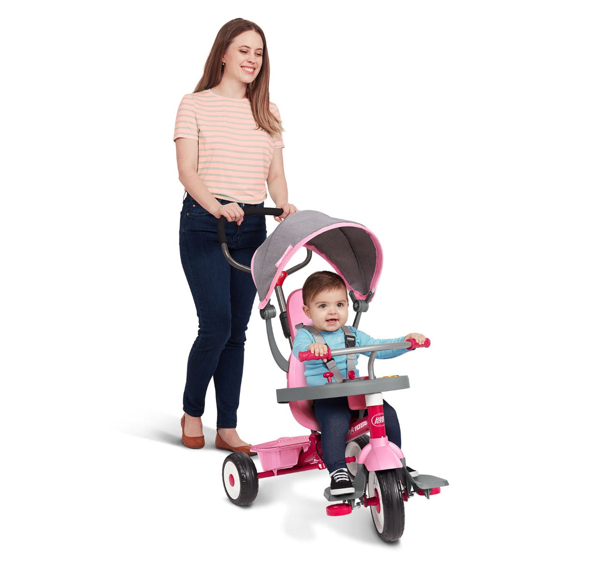 Woman pushing girl riding Pink 5-In-1 Stroll â€˜N TrikeÂ®  in Infant Trike Mode