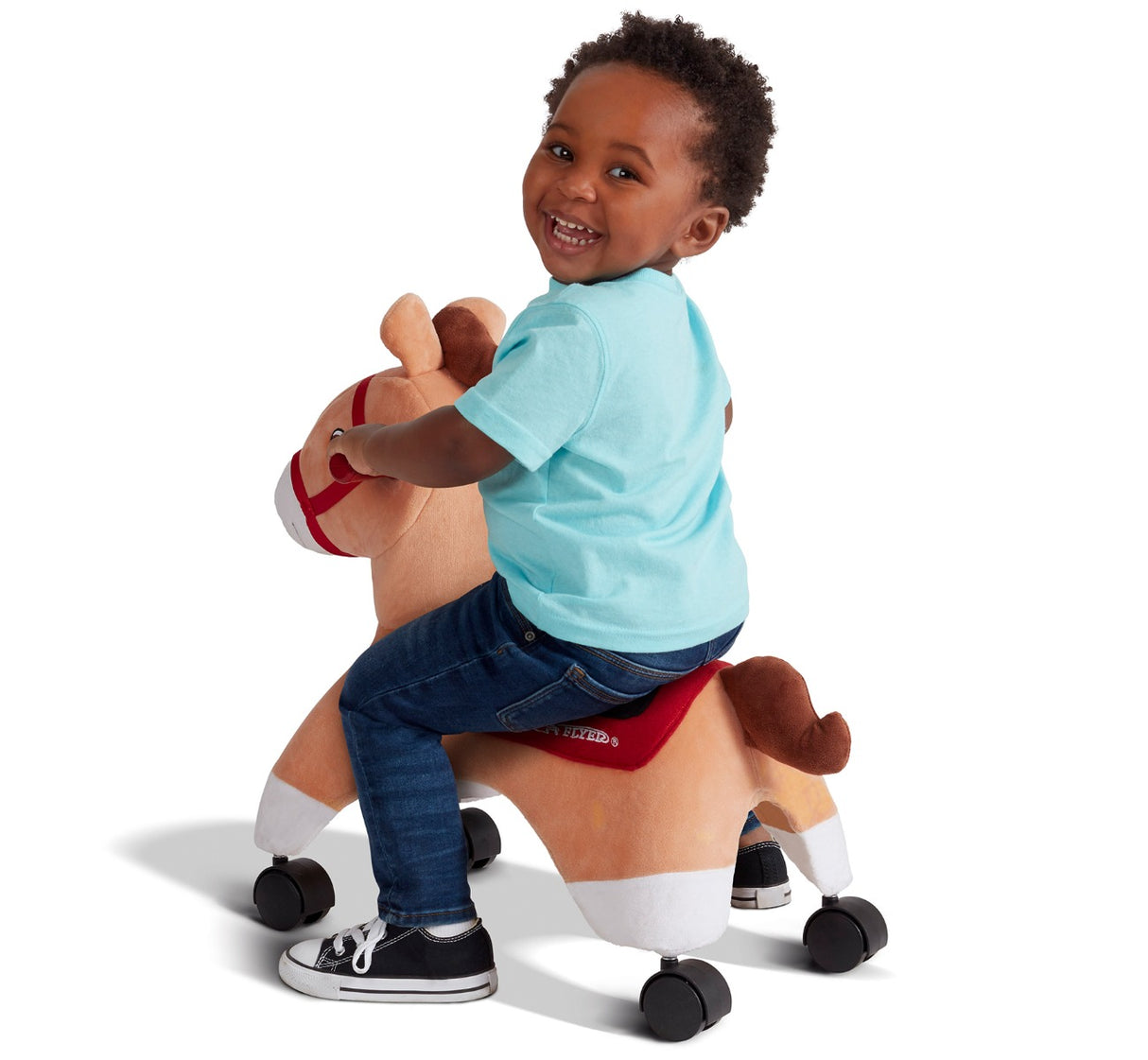 Boy riding Boots Rolling Ride-On Pony