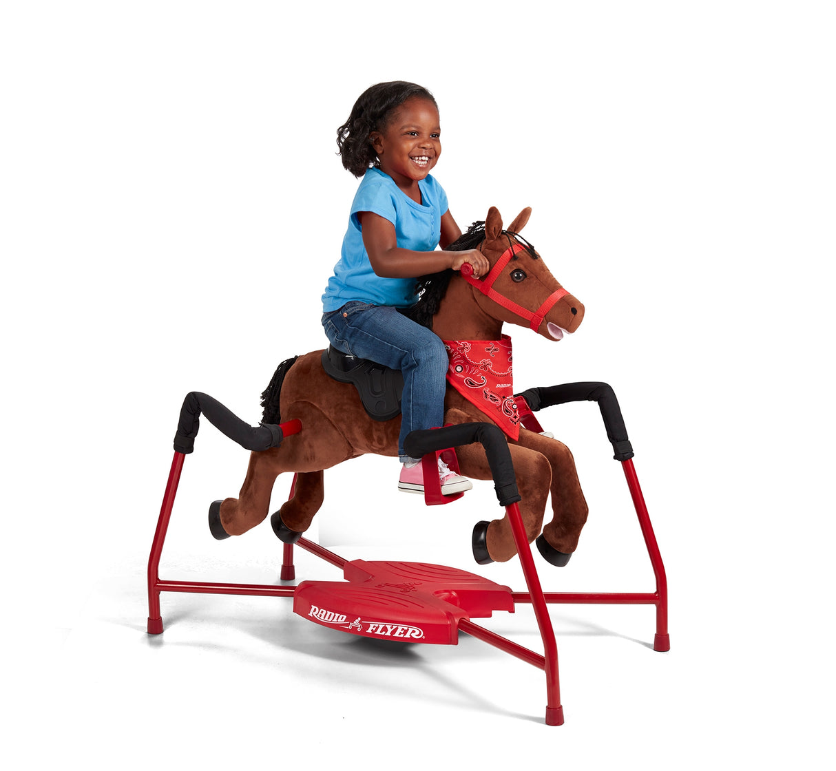 Girl riding Chestnut: Plush Interactive Spring Riding Horse